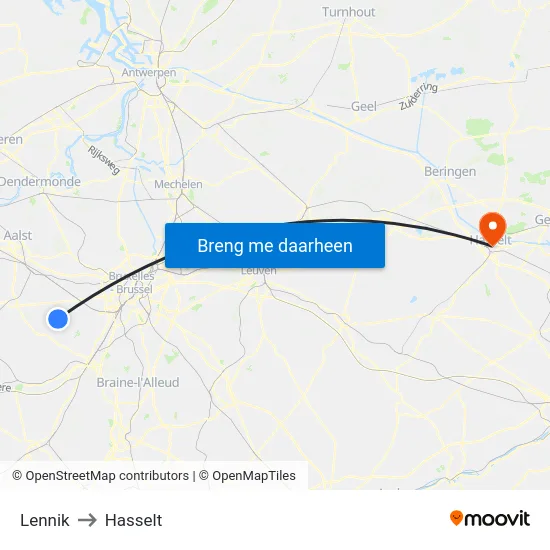Lennik to Hasselt map