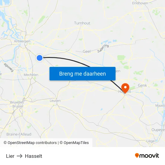 Lier to Hasselt map