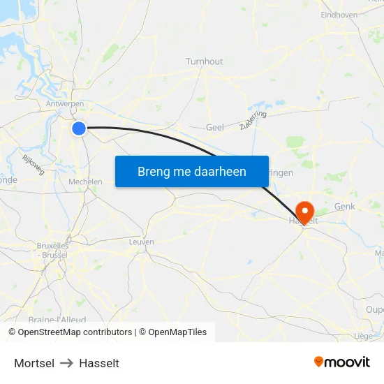 Mortsel to Hasselt map
