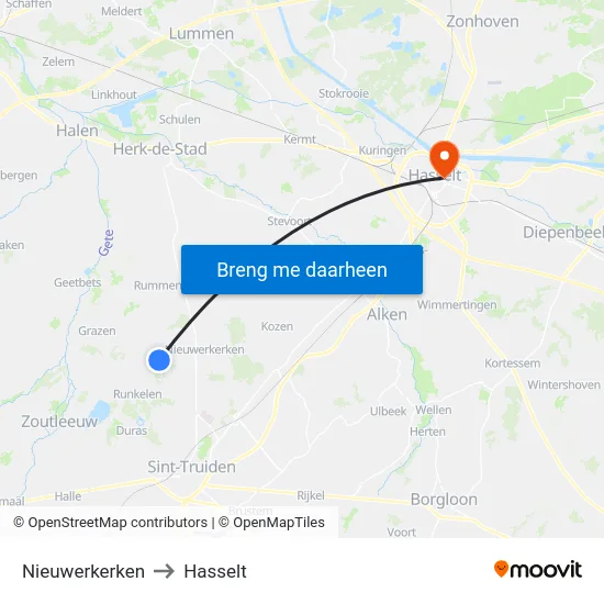 Nieuwerkerken to Hasselt map