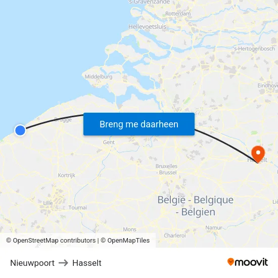 Nieuwpoort to Hasselt map