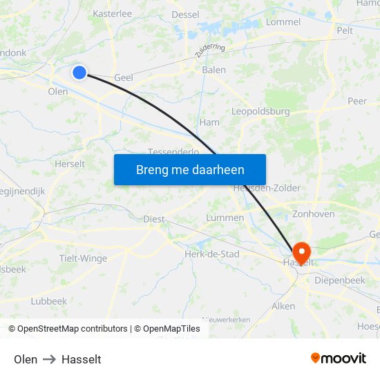 Olen to Hasselt map