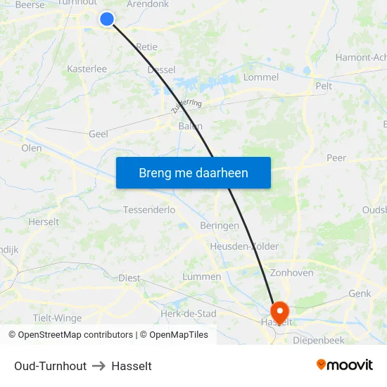 Oud-Turnhout to Hasselt map