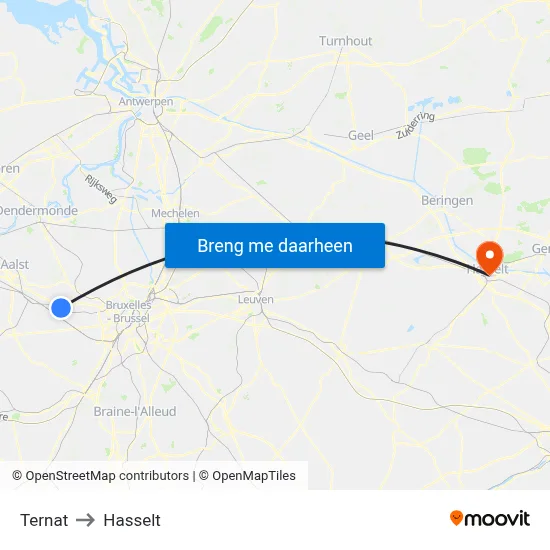 Ternat to Hasselt map