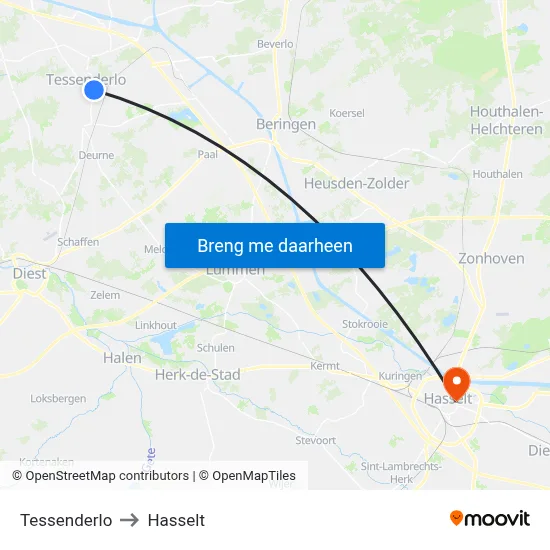 Tessenderlo to Hasselt map