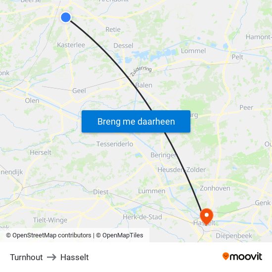 Turnhout to Hasselt map