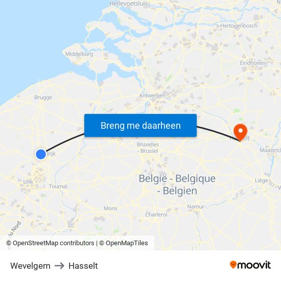 Wevelgem to Hasselt map