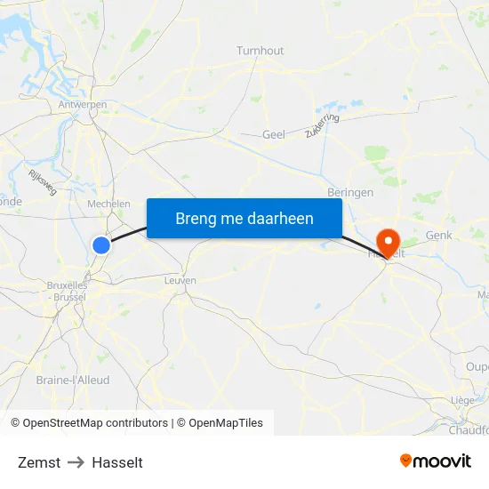 Zemst to Hasselt map