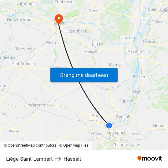 Liège-Saint-Lambert to Hasselt map