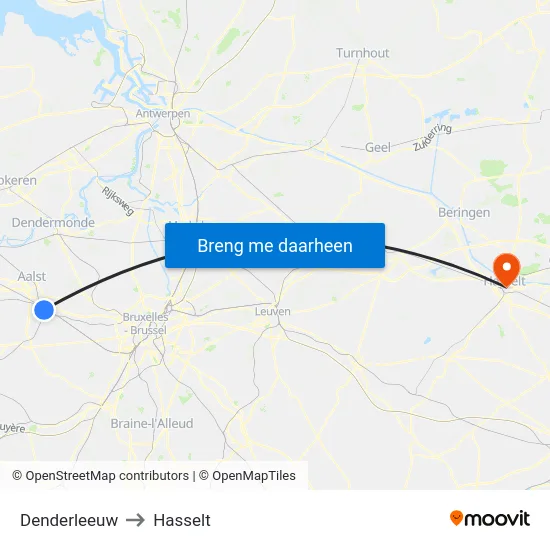 Denderleeuw to Hasselt map