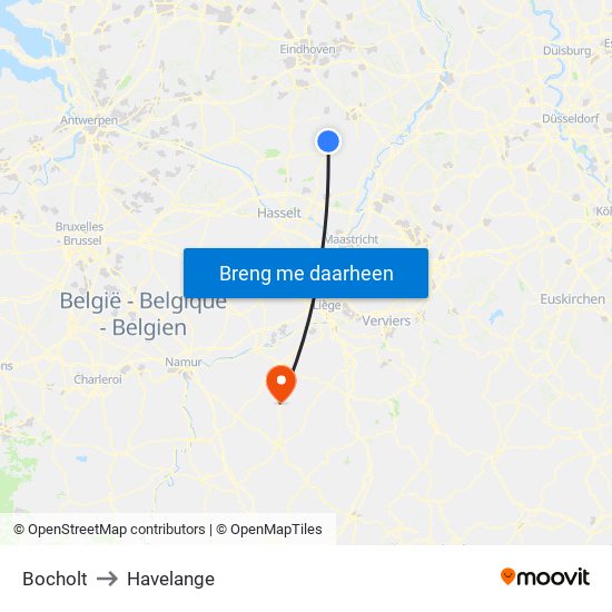 Bocholt to Havelange map