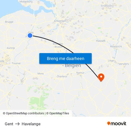 Gent to Havelange map