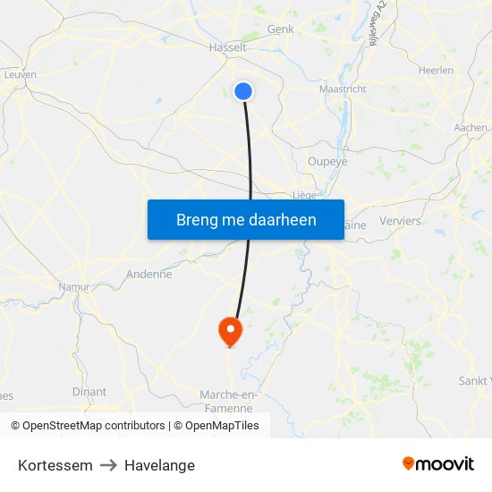 Kortessem to Havelange map
