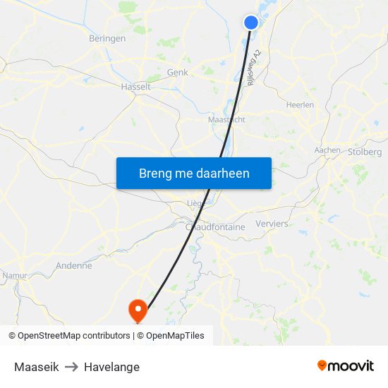 Maaseik to Havelange map