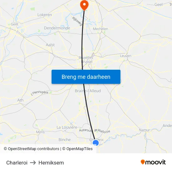 Charleroi to Hemiksem map