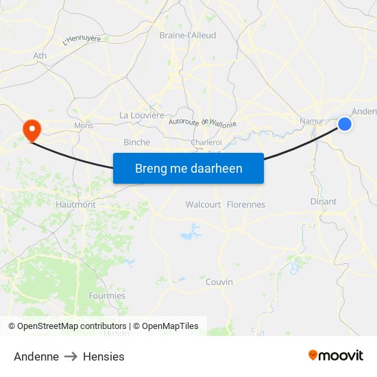 Andenne to Hensies map