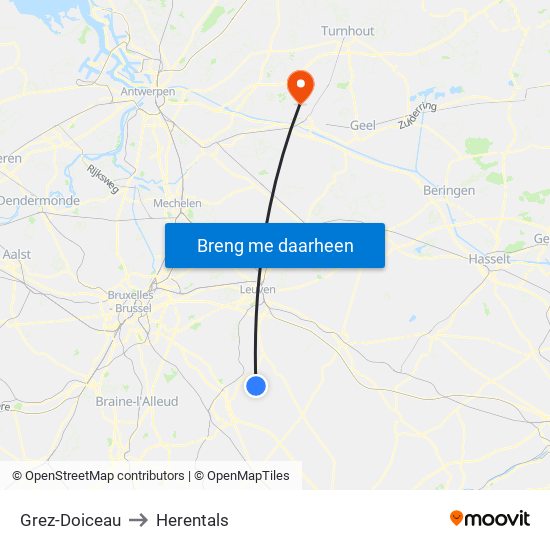 Grez-Doiceau to Herentals map