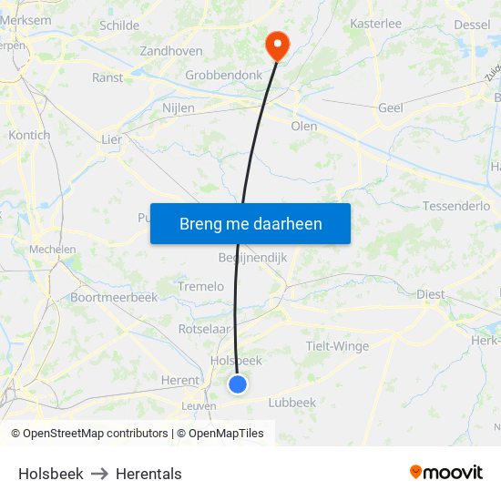 Holsbeek to Herentals map