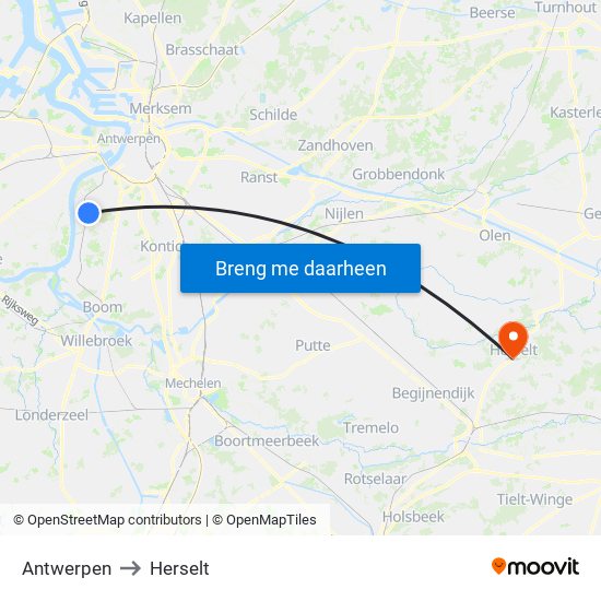 Antwerpen to Herselt map