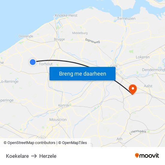 Koekelare to Herzele map