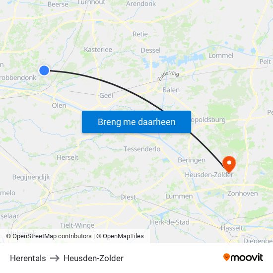 Herentals to Heusden-Zolder map