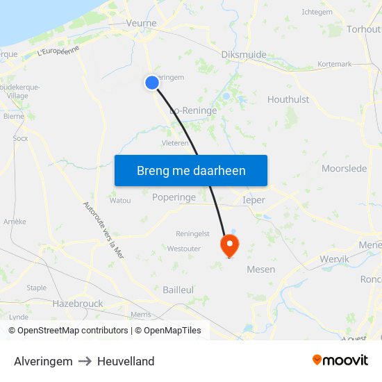 Alveringem to Heuvelland map