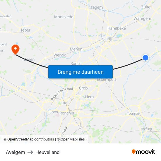 Avelgem to Heuvelland map