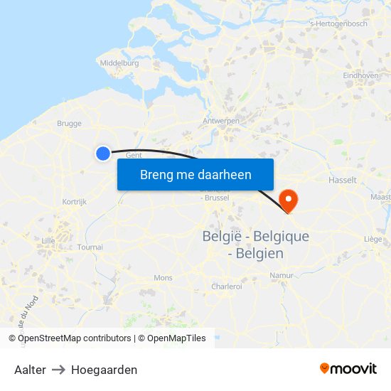 Aalter to Hoegaarden map