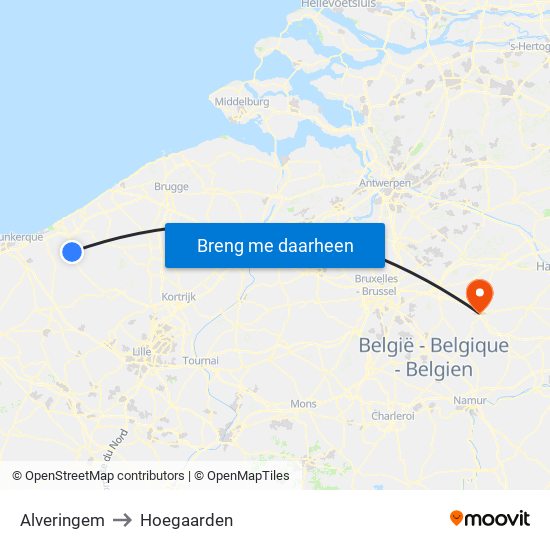 Alveringem to Hoegaarden map