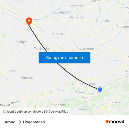 Amay to Hoegaarden map