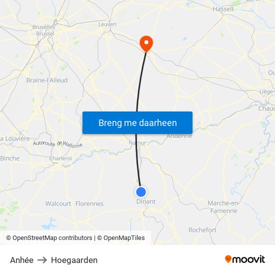 Anhée to Hoegaarden map