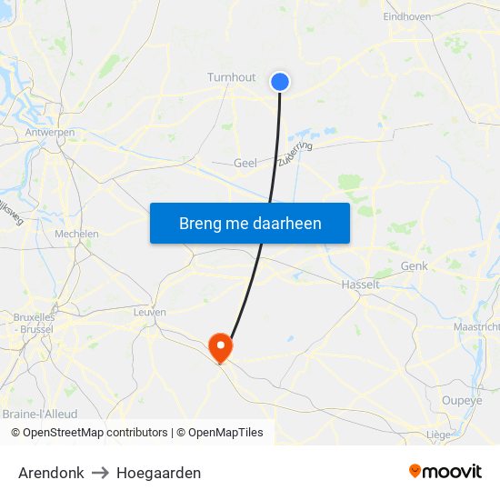 Arendonk to Hoegaarden map