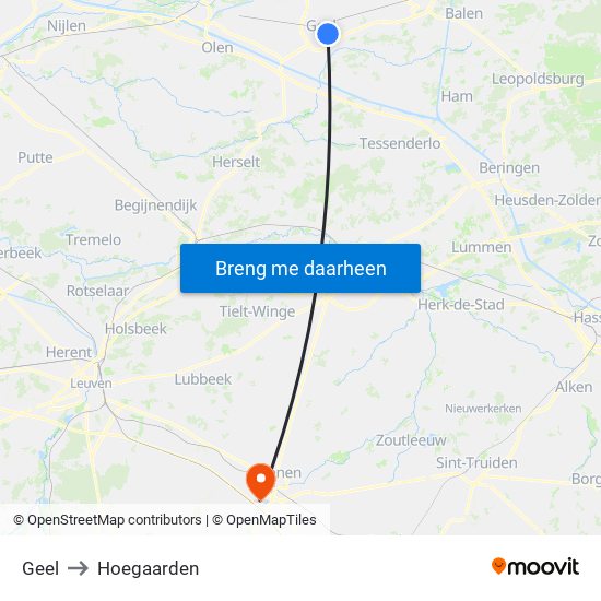 Geel to Hoegaarden map