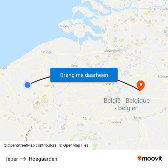 Ieper to Hoegaarden map