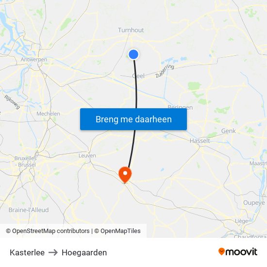 Kasterlee to Hoegaarden map