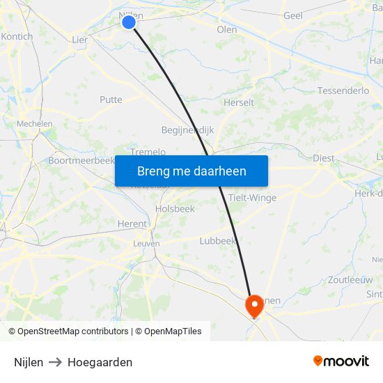 Nijlen to Hoegaarden map