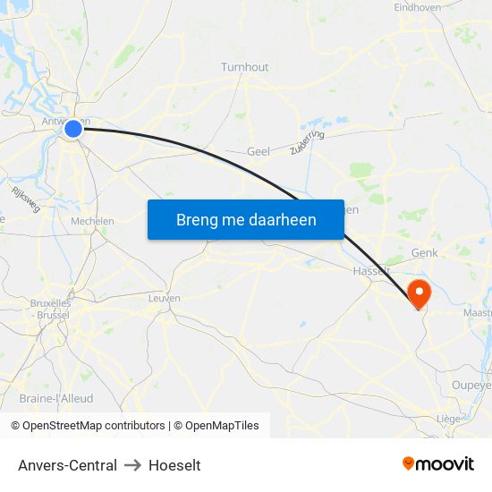 Anvers-Central to Hoeselt map