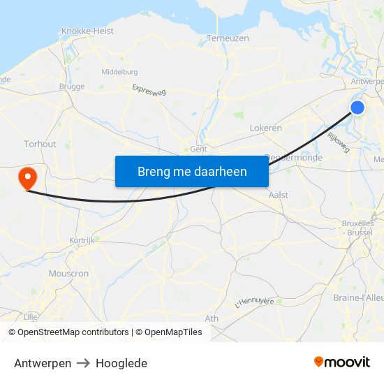 Antwerpen to Hooglede map