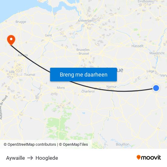 Aywaille to Hooglede map