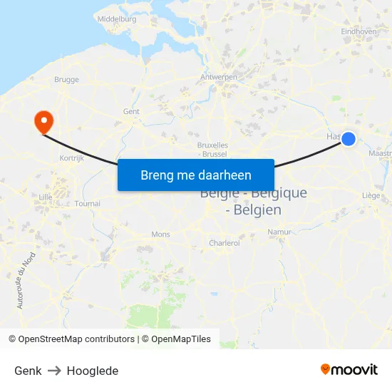 Genk to Hooglede map