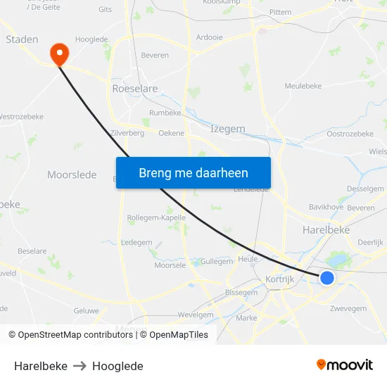 Harelbeke to Hooglede map