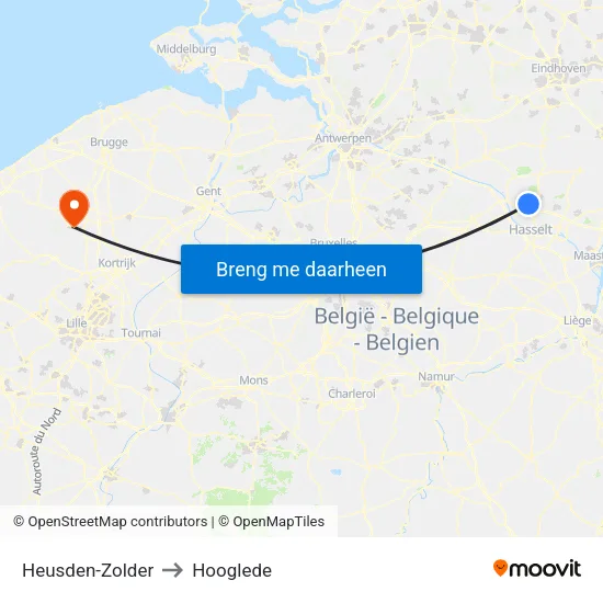 Heusden-Zolder to Hooglede map