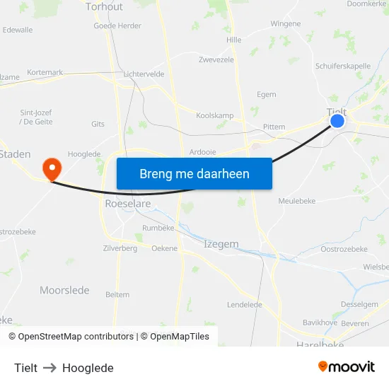 Tielt to Hooglede map