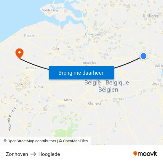 Zonhoven to Hooglede map