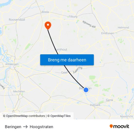 Beringen to Hoogstraten map