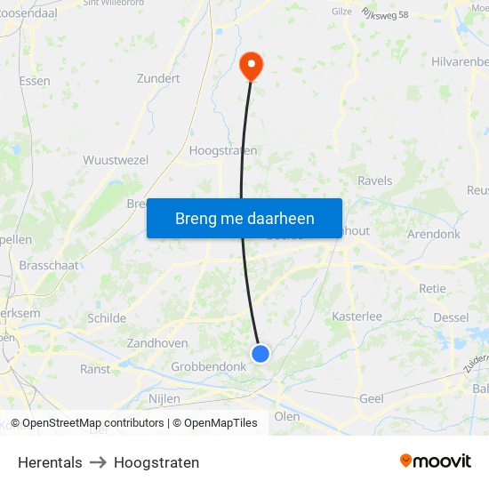 Herentals to Hoogstraten map