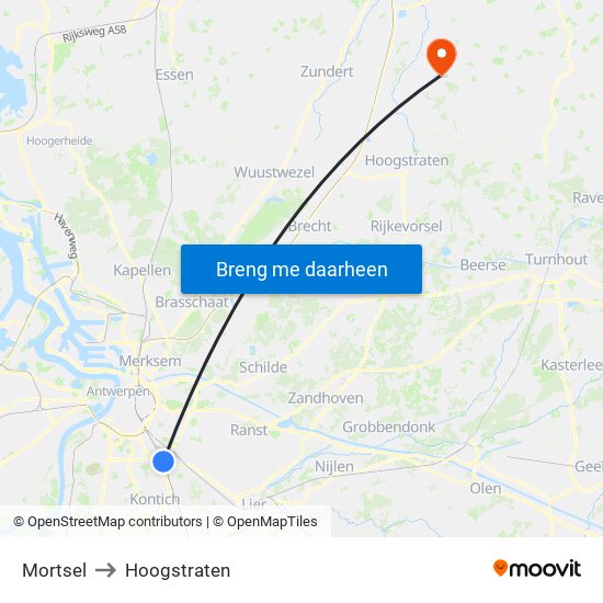 Mortsel to Hoogstraten map