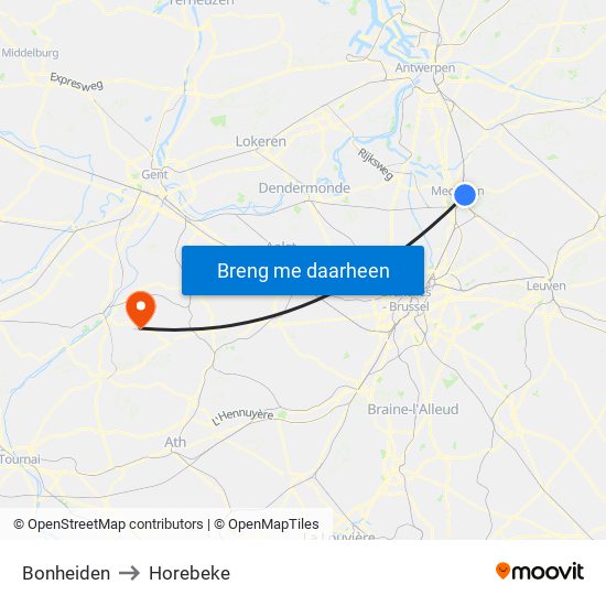 Bonheiden to Horebeke map