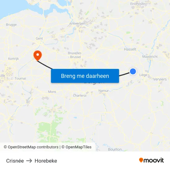 Crisnée to Horebeke map