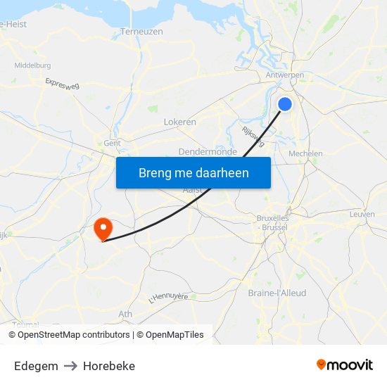 Edegem to Horebeke map